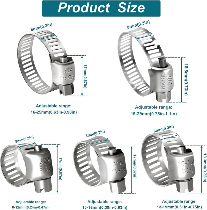 SDZONGES Hose Clamp, 40PCS Fuel Line Clamp, 1/4 inch to 1-1/8 inch Radiator Hose Clamps, Hose Clamp Assortment,Hose Clamps Stainless Steel. - Image 2
